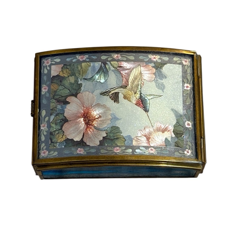 VTG Enesco Glass and Brass Jewelry Trinket Music Box With Floral & Hummingbirds